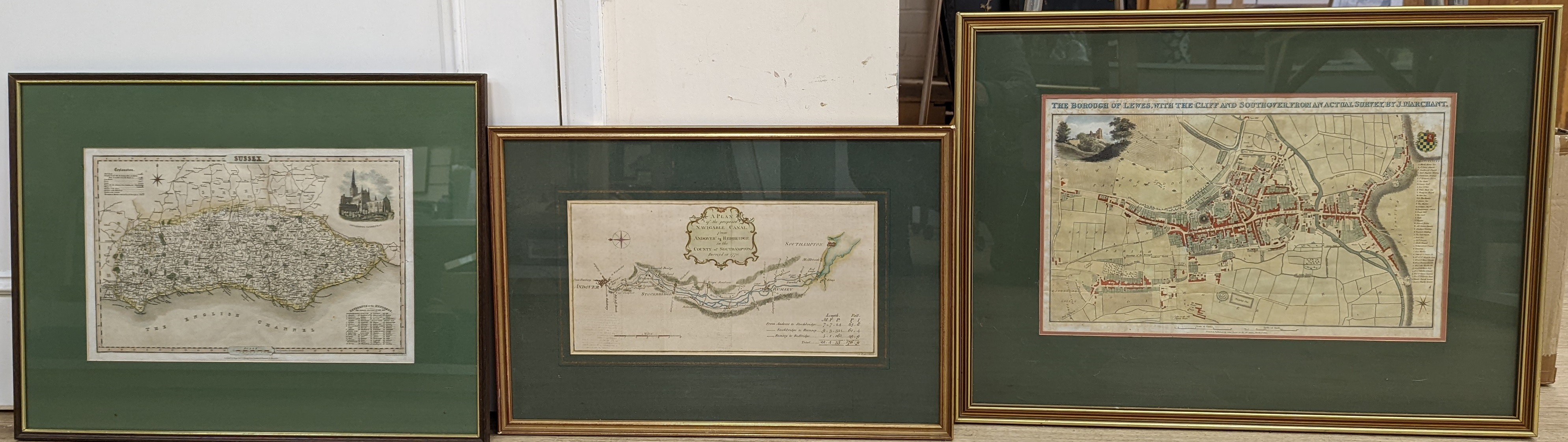Three framed maps - The Borough of Lewes, with Cliff and Southover, from an actual survey, by J.Marchant, published by J.Baxter, Sussex published by Pigot & co and A Plan of the proposed Navigable Canal from Andover to R